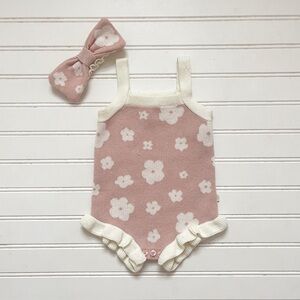 SNUG EUC Girls Dusty Rose Floral Knit Ruffle Bubble & Matching Bow Headband